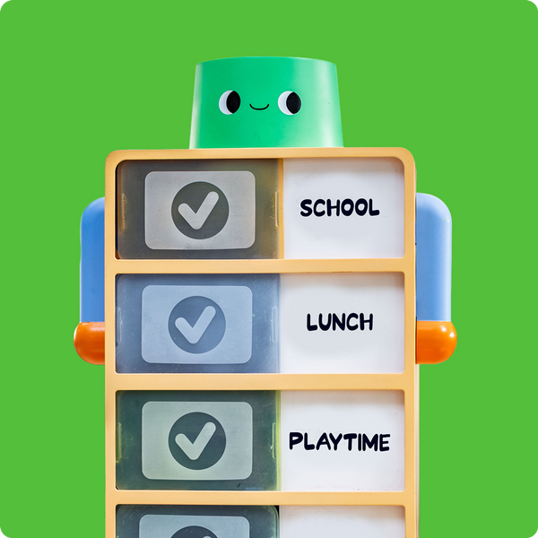 Routine Robot toy from the Routine-Builder Bundle, showing School, Lunch, and Playtime task tiles