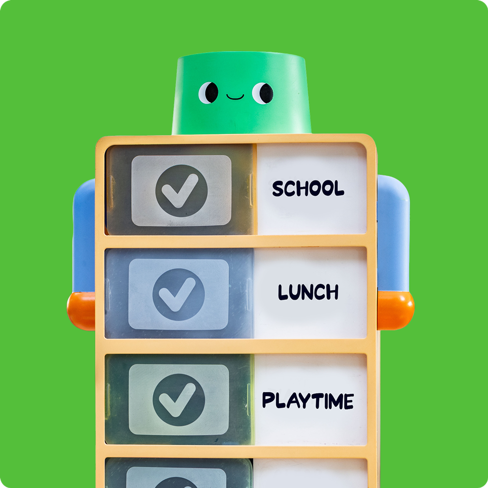 Routine Robot toy from the Routine-Builder Bundle, showing School, Lunch, and Playtime task tiles