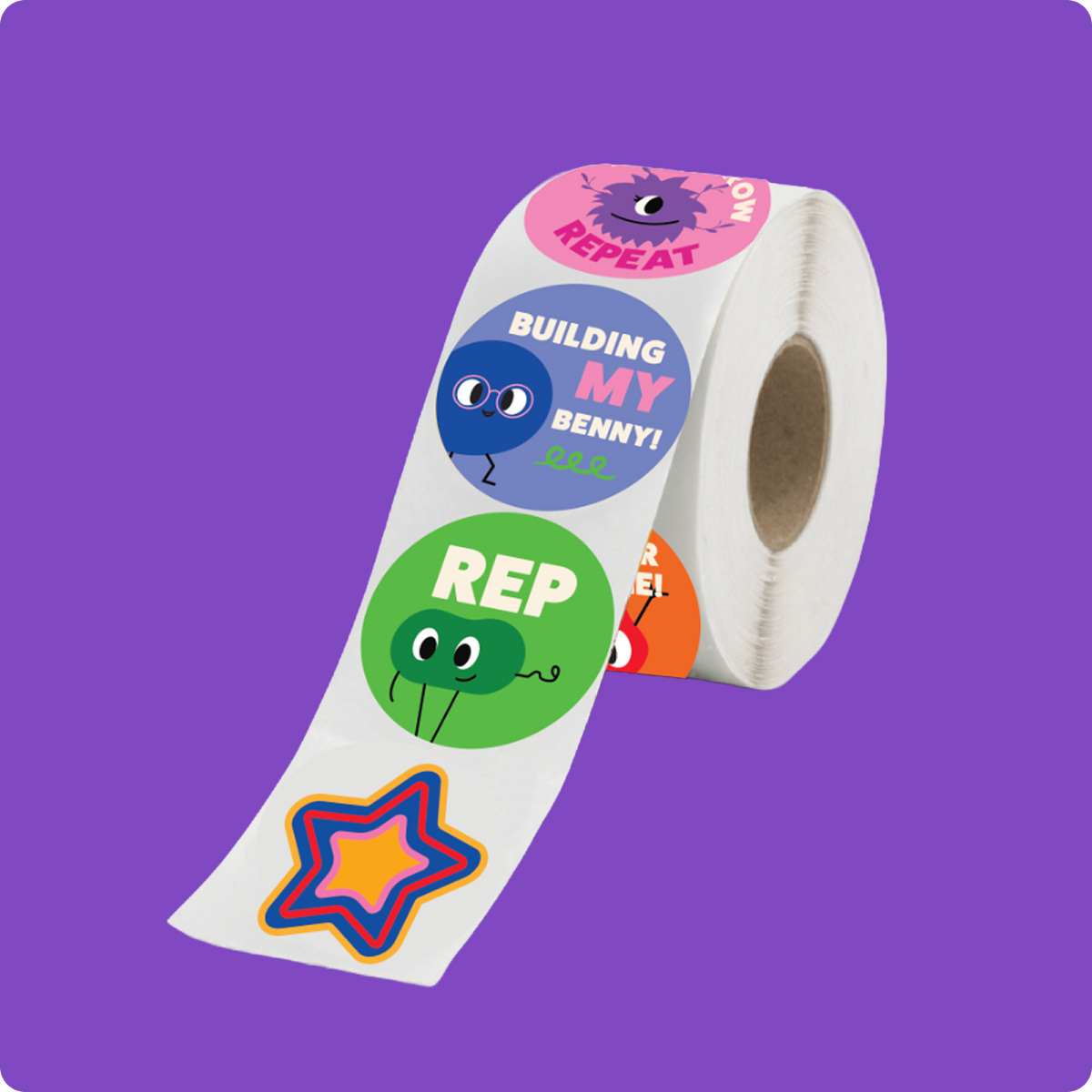 Roll of Routine Robot reward stickers from Mental Reps Co., featuring the Rep Squad characters