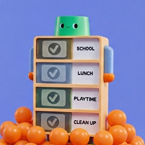 Close-up of the Routine Robot showing its stackable task tiles